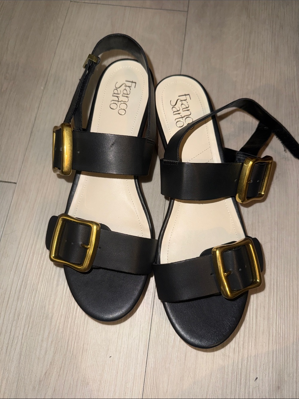 Franco Sarto Black Sandals with Gold Buckles